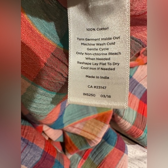 Talbots Gauzy Colorful Check Plaid Blouse Button Up Long Tab Sleeve Size Medium - Picture 5 of 8